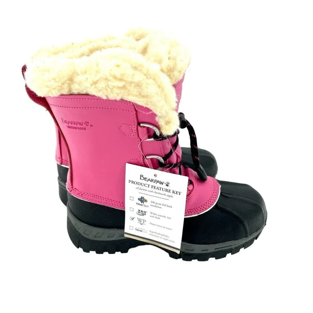 Bearpaw Kelly Boots Pink Leather Fur Lined Girls Toddler Youth SZ 2 New